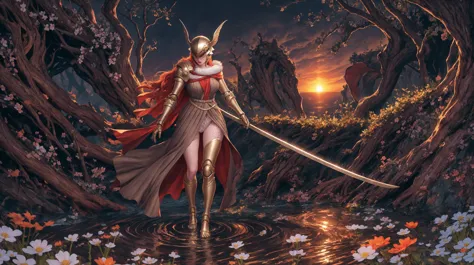 a woman in a red dress holding a sword in a forest