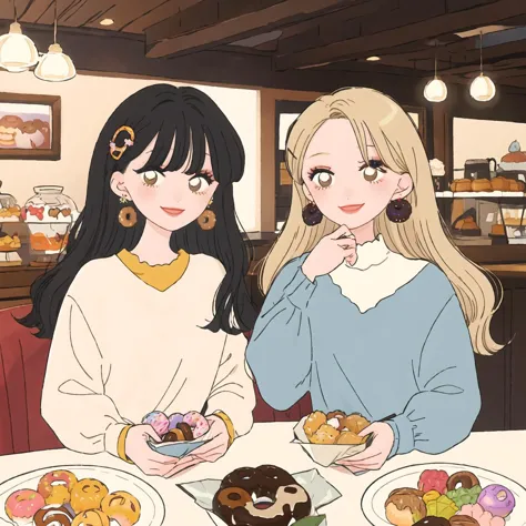 (best quality, masterpiece, highres),2girls,wavy hair,centre parting bangs,smile,homewear,hairpin,earrings,food,doughnut,sweets,...