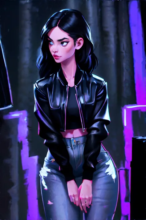 <lora:blacklight:0.5>, woman wearing a cropped black jacket and high-waist jeans, rainy night, blacklight || masterpiece, perfec...