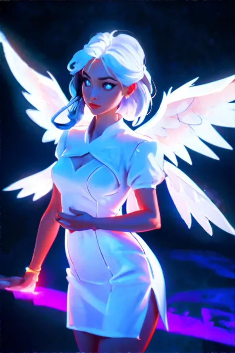 <lora:blacklight:0.5>, woman wearing long flowing white dress, angel wings, blacklight || masterpiece, perfect quality, sharp focus, shallow depth of field, 8k