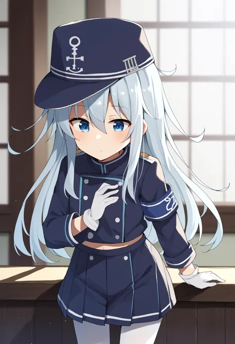 score_9, score_8_up, score_7_up, score_6_up, score_5_up, score_4_up, BREAK, source_anime,
1girl, solo, <lora:HibikiXL:1> hibiki \(kancolle\), grey hair, long hair, hair between eyes, blue eyes, small breast 
hikicloth, gloves, white gloves, hat, white pantyhose, uniform, blue headwear, blue pleated skirt,armband, jacket, long sleeves, blue jacket  <lora:hikari nozomi cosplay XL CAME:1>