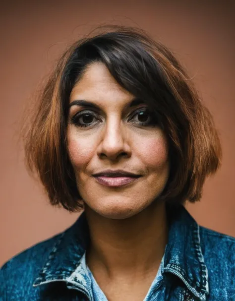 Photo of a 31 y.o Mexican woman, early thirties age,worn skin,very short hair,androgynous haircut,copper colored skin,denim jacket,upper body,front shot,portrait,official portrait,simple background,in studio