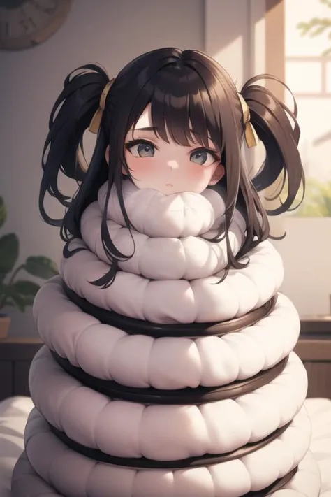 a girl sitting on top of a pile of pillows in a room