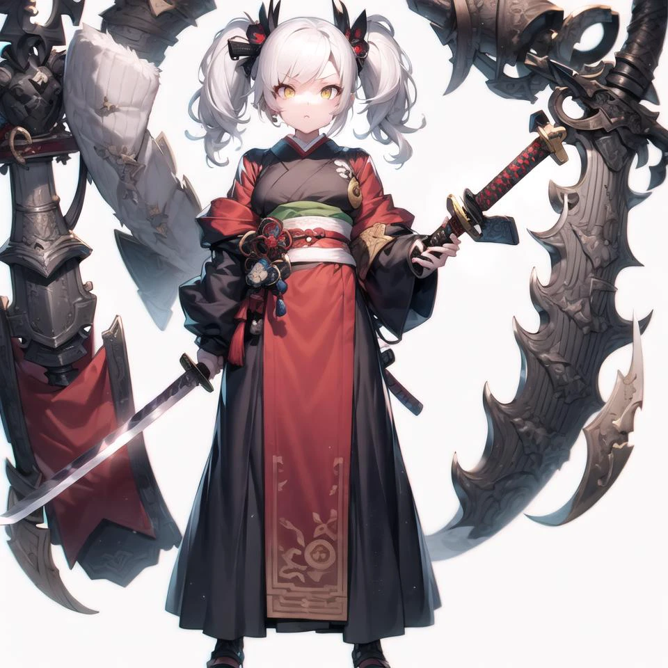 (weißer Hintergrund:1.4),Stehen, 1 Mädchen, Samurai, weißes Haar, Doppelschwanz, gelbes Auge, Schwert, Ganzkörper, Weitwinkelaufnahme, 2dsprite-Vermögenswerte,Katana