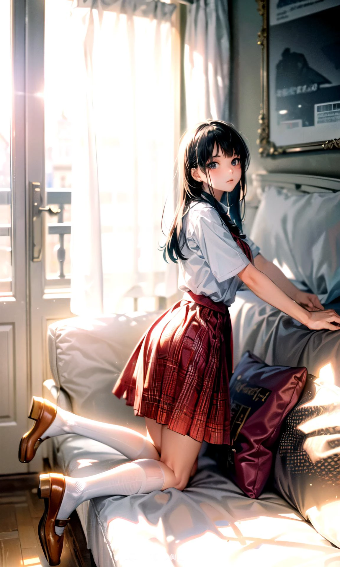 masterpiece, best quality, ultra-detailed, illustration, 1girl, solo, bokeh, Depth of field, Cinematic Light, Lens Flare, soft light, ray tracing, long hair, , skirt with checker pattern, 