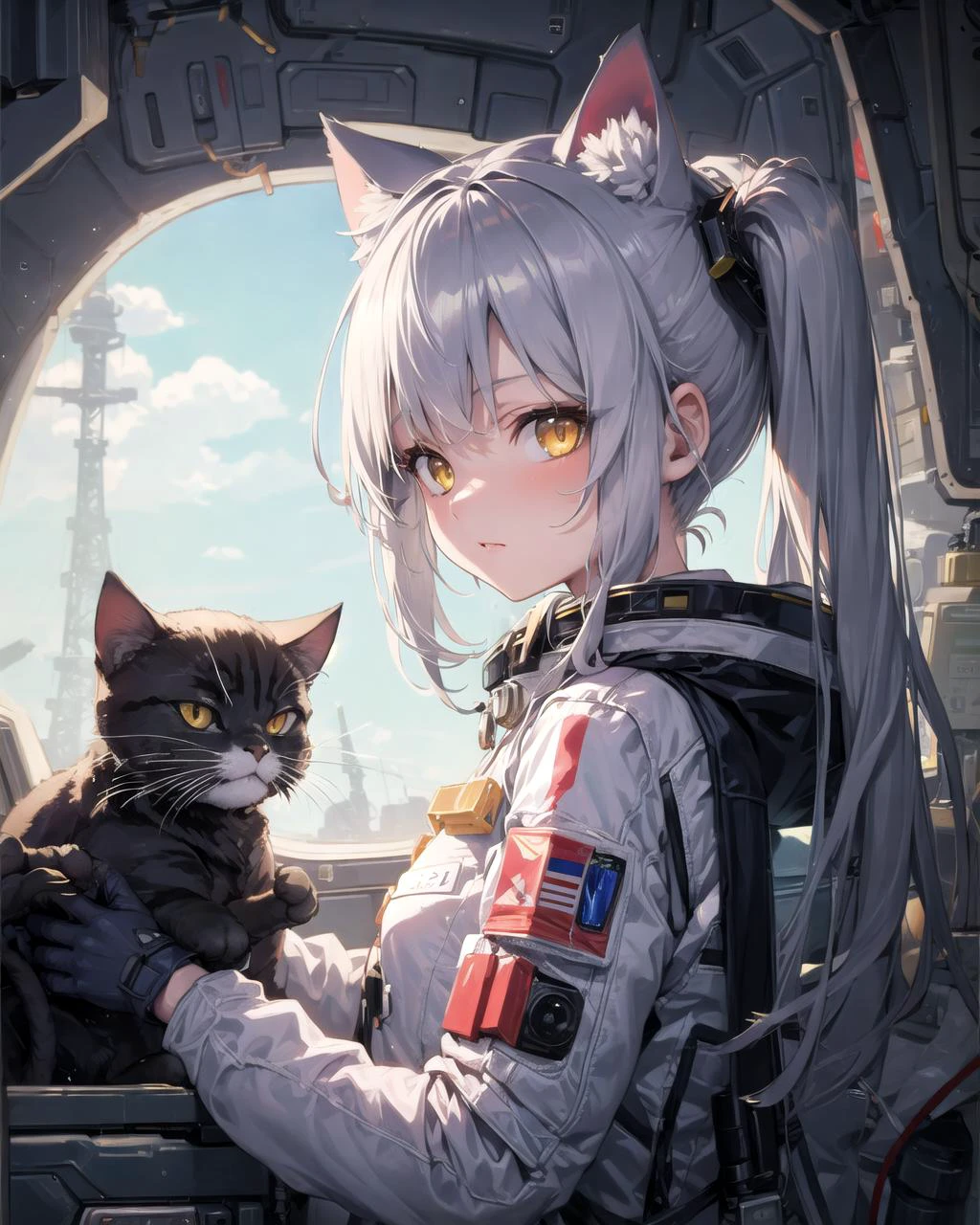 masterpiece, best quality, 1girl, spacecraft interior, spacesuit, upper body, from side, science fiction, yellow eyes, twintails, silver hair, cat ears, looking at viewer,