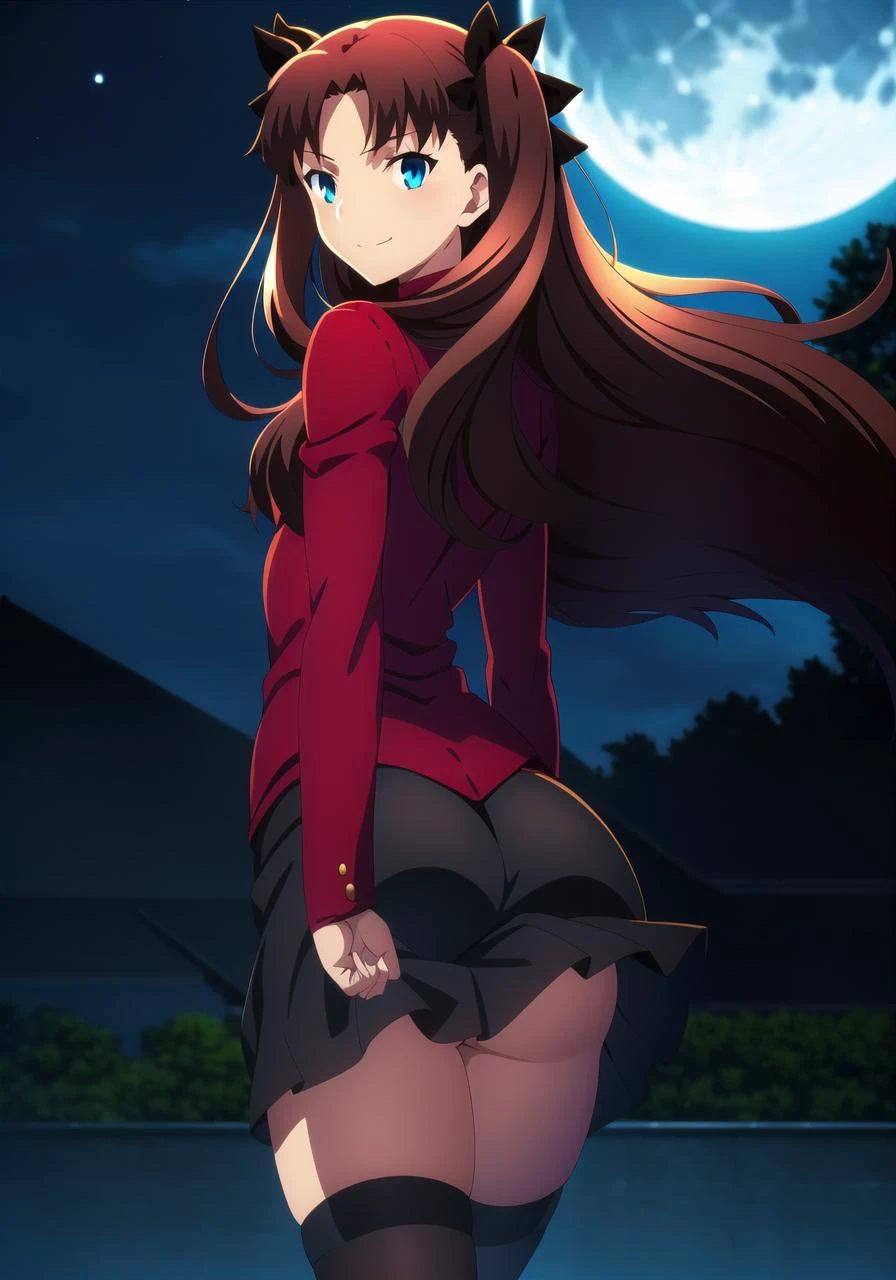 masterpiece, best quality,
1girl, tohsaka rin, solo, long hair, thighhighs, two side up, blue eyes, black thighhighs,black skirt, brown hair,outdoors, smile, arms behind back, looking back, moon, night, 
ufotable style,anime coloring,anime screencap,  