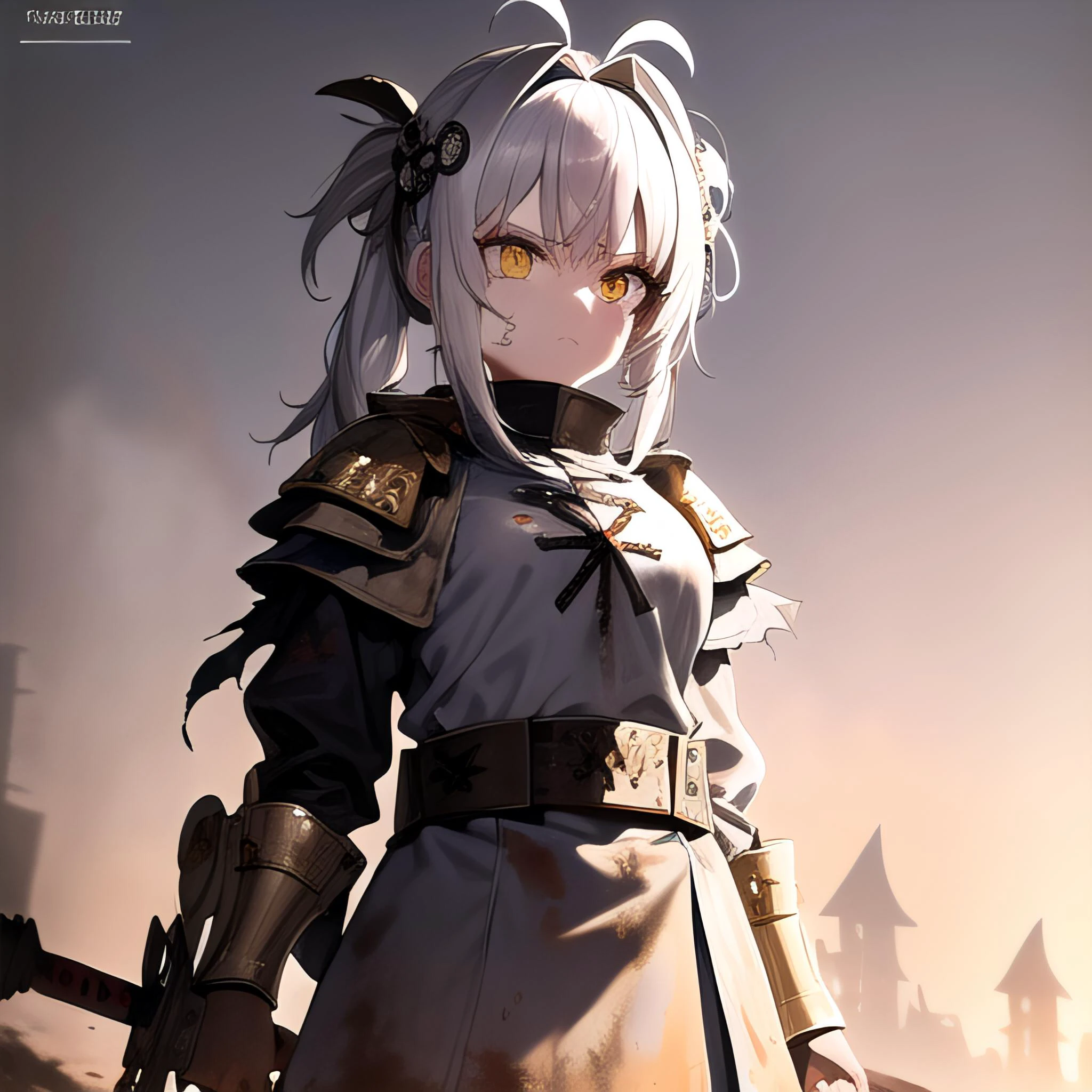 (medieval army background:1.4),standing, 1girl, samurai, white hair, twintail, yellow eye, long spear, full body, wide shot, 2dsprite assets, gloomy, detailed hair, armor, helmet, ((banner)), (((dirty hair, dirt on clothes, dirt on face:1.1))), ((((torn clothes:1.1)))), tired face, after battle