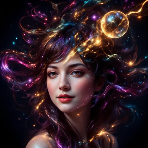 a gorgeous woman's face,her hair transforms into a glowing magical delight,she's smiling proudly,seemingly made of stars,gothic,...