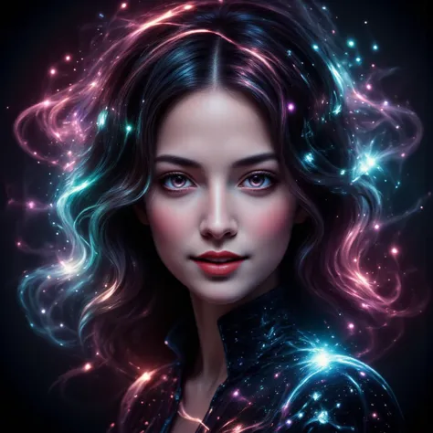 a gorgeous woman's face,her hair transforms into a glowing magical delight,she's smiling proudly,seemingly made of stars,gothic,...