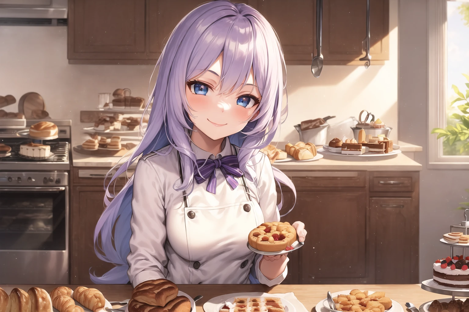 masterpiece, best quality, ((1girl, solo)), (light purple hair, long hair), blue eyes, (medium breasts), (cake pan, oven, bread basket), ((patissier uniform)), looking at viewer, smile, closed mouth, (inside bakery, kitchen, table, (cake, pastries on the table))