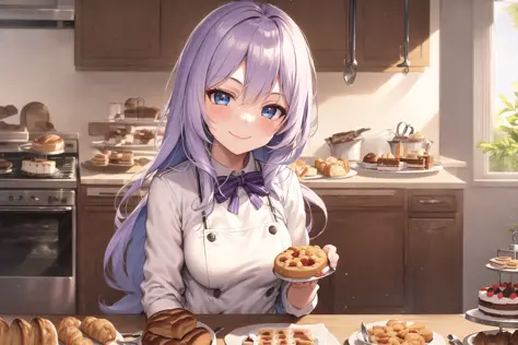 masterpiece, best quality, ((1girl, solo)), (light purple hair, long hair), blue eyes, (medium breasts), (cake pan, oven, bread ...