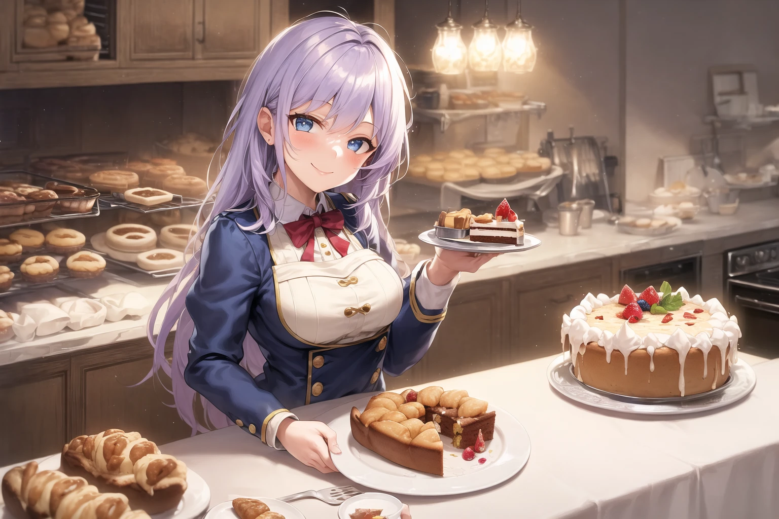 masterpiece, best quality, ((1girl, solo)), (light purple hair, long hair), blue eyes, (medium breasts), (cake pan, oven, bread basket), ((patissier uniform)), looking at viewer, smile, closed mouth, (inside bakery, kitchen, table, (cake, pastries on the table))