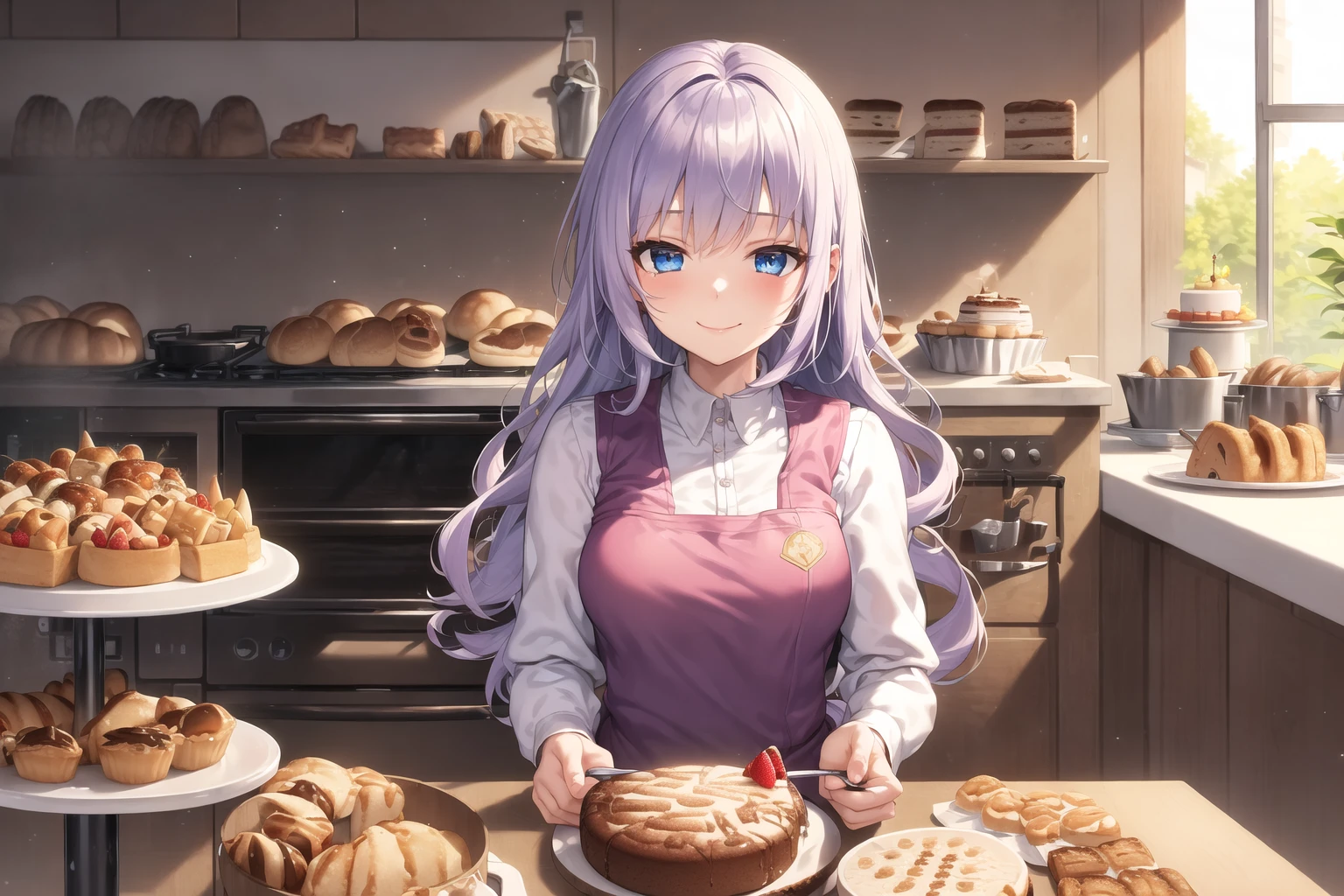 masterpiece, best quality, ((1girl, solo)), (light purple hair, long hair), blue eyes, (medium breasts), (cake pan, oven, bread basket), ((patissier uniform)), looking at viewer, smile, closed mouth, (inside bakery, kitchen, table, (cake, pastries on the table))