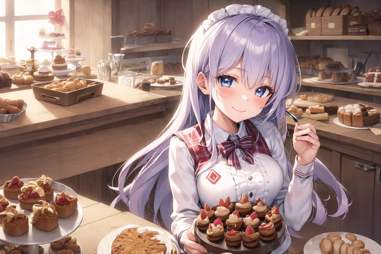 masterpiece, best quality, ((1girl, solo)), (light purple hair, long hair), blue eyes, (medium breasts), (cake pan, oven, bread basket), ((patissier uniform)), looking at viewer, smile, closed mouth, (inside bakery, kitchen, table, (cake, pastries on the table))