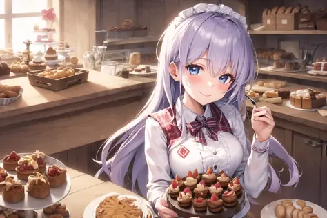 masterpiece, best quality, ((1girl, solo)), (light purple hair, long hair), blue eyes, (medium breasts), (cake pan, oven, bread basket), ((patissier uniform)), looking at viewer, smile, closed mouth, (inside bakery, kitchen, table, (cake, pastries on the t...