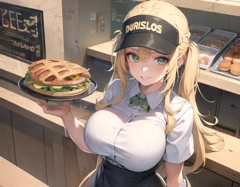 masterpiece, best quality, detailed, 1girl, ((employee uniform)), visor cap, smile, green eyes, large breasts, blonde hair, long hair, looking at viewer, holds food tray, standing, from above, counter, fast food, indoors