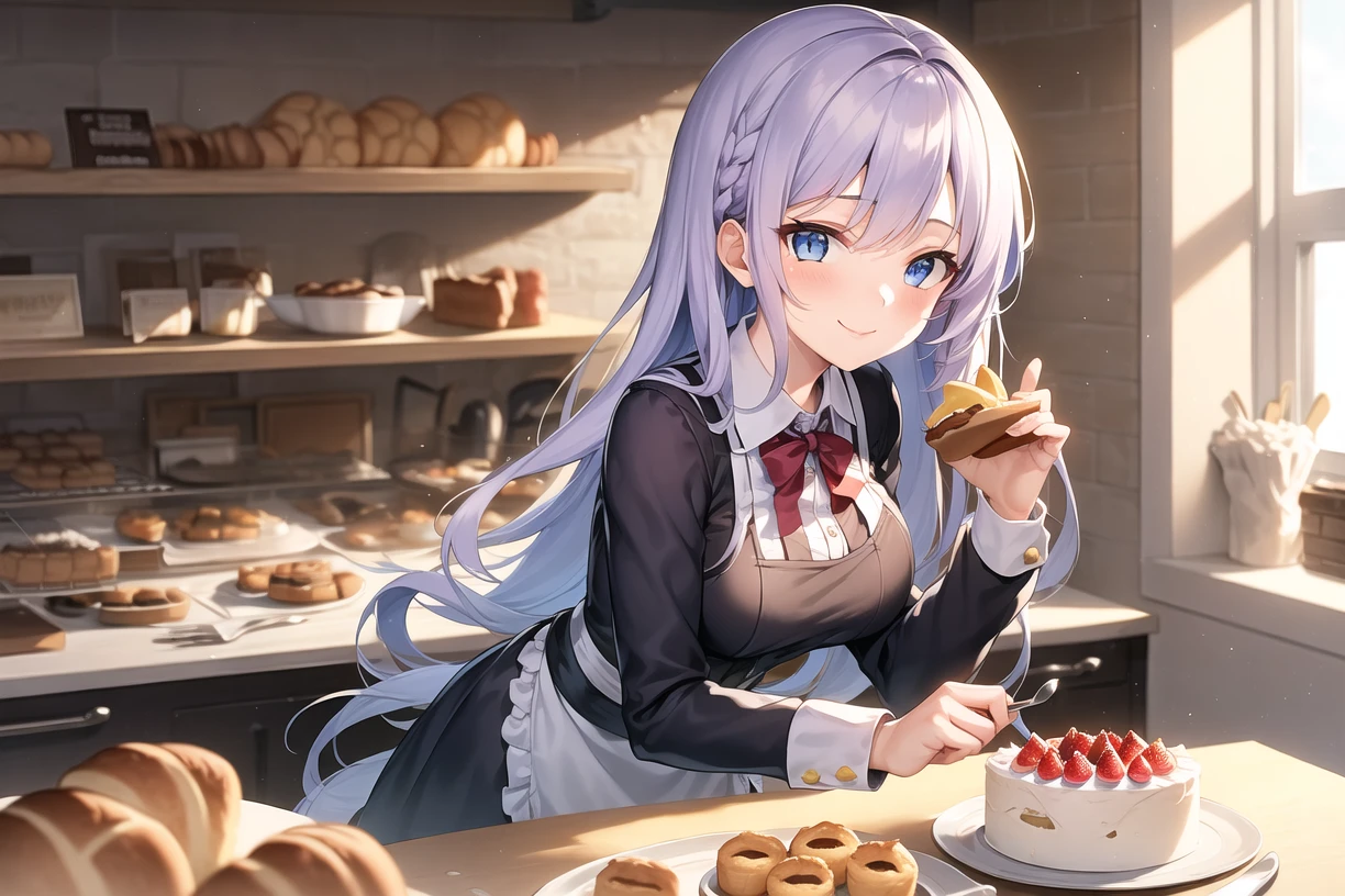 masterpiece, best quality, ((1girl, solo)), (light purple hair, long hair), blue eyes, (medium breasts), (cake pan, oven, bread basket), ((patissier uniform)), looking at viewer, smile, closed mouth, (inside bakery, kitchen, table, (cake, pastries on the table))