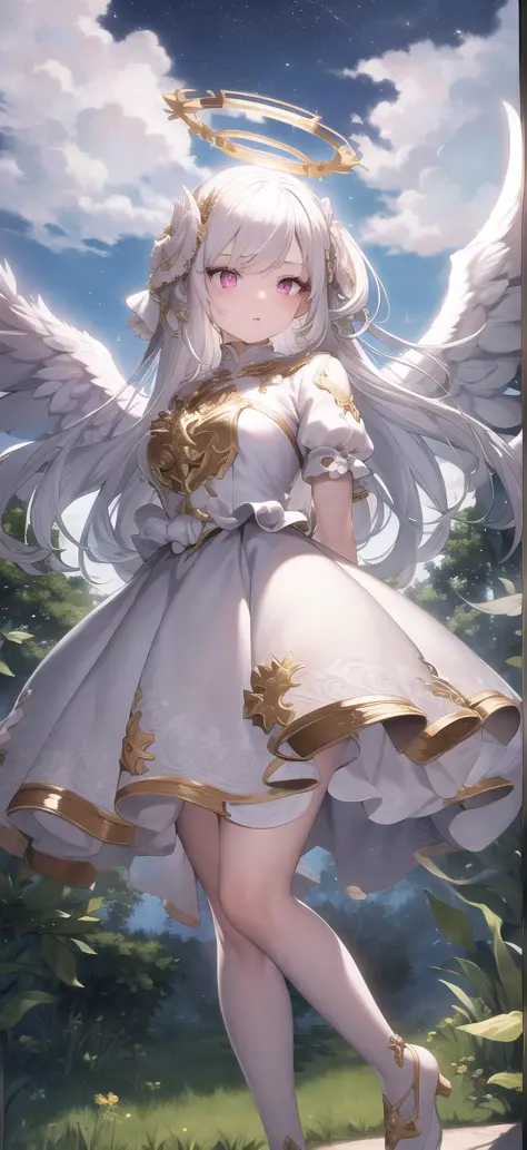 masterpiece, best quality, 1girl, white hair, angel, innocent, pink eyes, angel wings, full body, arms behind back, sky, halo, forest, serious look