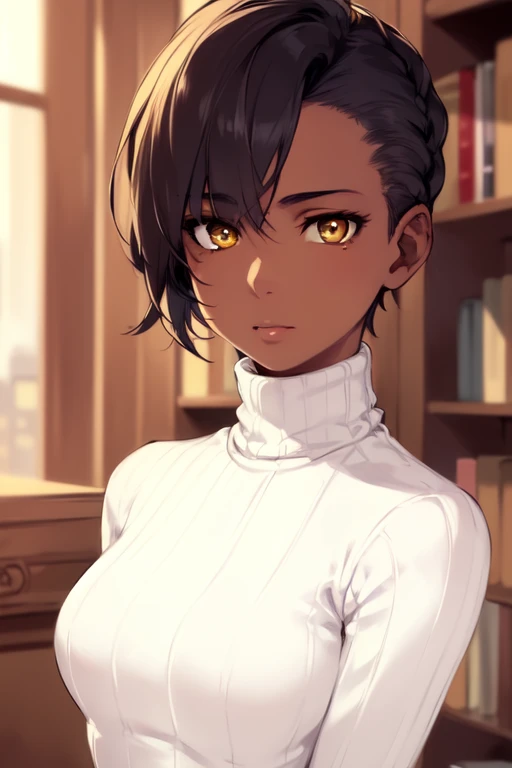 solo, best quality, masterpiece, extremely detailed CG, extremely detailed 8K wallpaper, extremely detailed character, (an extremely delicate and beautiful portrait), portrait, solo, sharp focus, dark skinned tomboy girl with (((sides shaved))) head, black hair, yellow eyes, detailed close-up portrait, (((white turtleneck sweater))), room, bookshelf