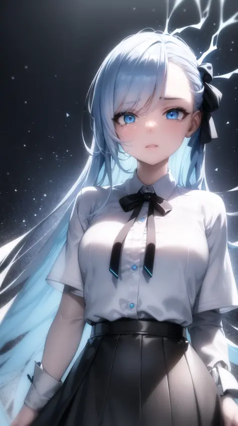 ((masterpiece)),(best quality),(detailed),(1girl), (inside data stream) light blue and blue gradient hair, light blue glowing eyes, straight hair, wearing a modern white shirt and black skirt, crying, covered in data particles, chained to neck