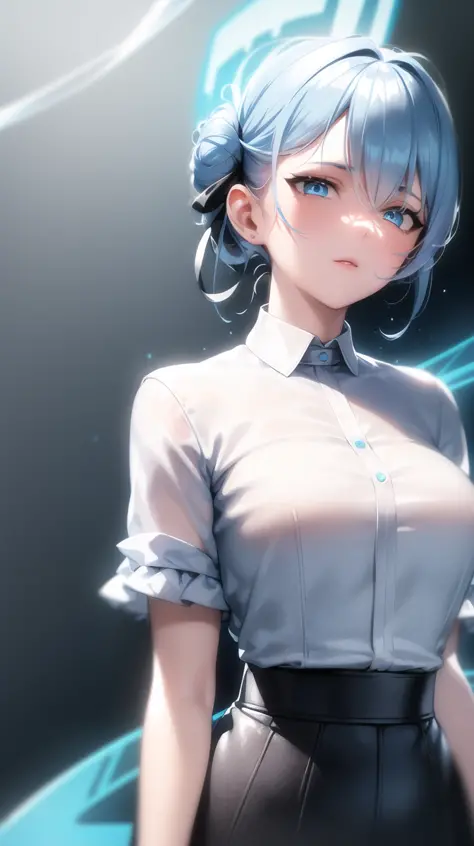 ((masterpiece)),(best quality),(detailed),(1girl), light blue and blue gradient hair, light blue glowing eyes, Updo, wearing a white shirt and black skirt, looking down on the viewer
