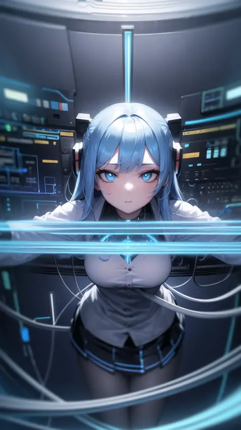 ((masterpiece)),(best quality),(detailed),(1girl),blue glowing hair, blue glowing eyes, wavey hair, white shirt, black skirt, android, datastream, cables, wires, charging, digital chains