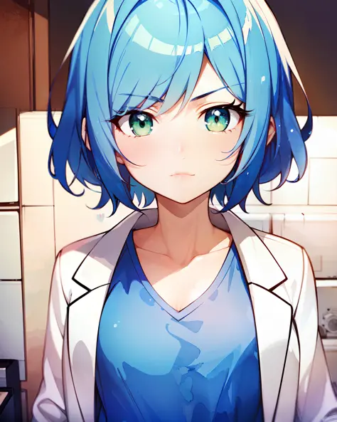 girl scientist, bright green eyes:, stern lifeless stare, with blue hair, in a long white lab coat, short hair, watercolor art