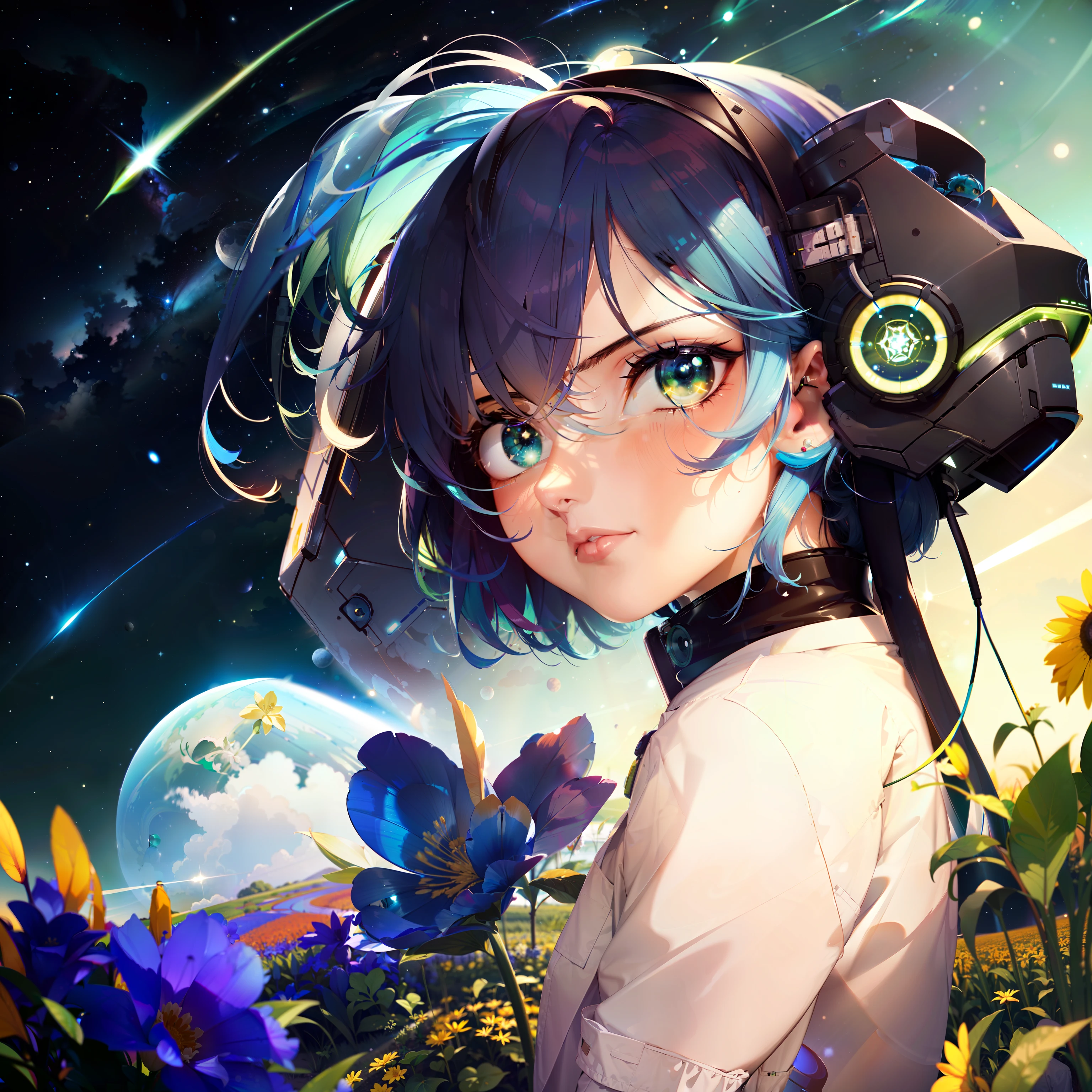 scientist, bright green, stern lifeless stare, with blue hair, in a long white lab coat, short hair, standing in flower field on another planet, space sky