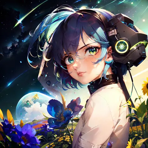 scientist, bright green, stern lifeless stare, with blue hair, in a long white lab coat, short hair, standing in flower field on...