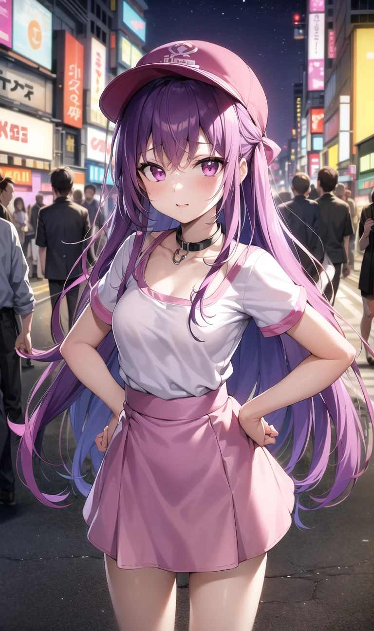 masterpiece, best quality, 1girl, purple hair,pink eyes, long hair,(small breasts),standing on street, (collar T-shirt), underwear straps, pink Skirt, front view, standing,City Night, Neon light,  Background Tokyo street, taxi, dating, shy,headwear, hands behind back