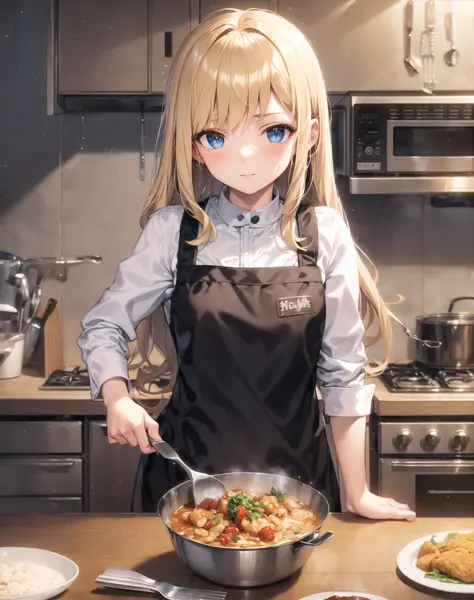 masterpiece, best quality, 1girl, (cooking), blonde hair, long hair, kitchen,