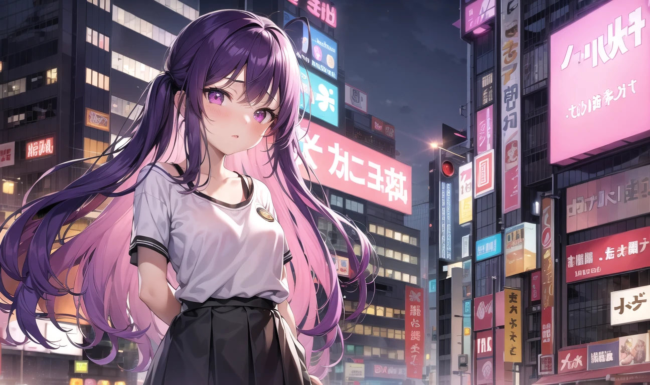 masterpiece, best quality, 1girl, purple hair,pink eyes, long hair,(small breasts),standing on street, T-shirt, underwear straps, (Skirt),standing,City Night, Neon light,  Background Tokyo street, taxi,convenience store, dating, shy,headwear, hands behind back,badge