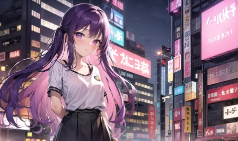 masterpiece, best quality, 1girl, purple hair,pink eyes, long hair,(small breasts),standing on street, T-shirt, underwear straps...