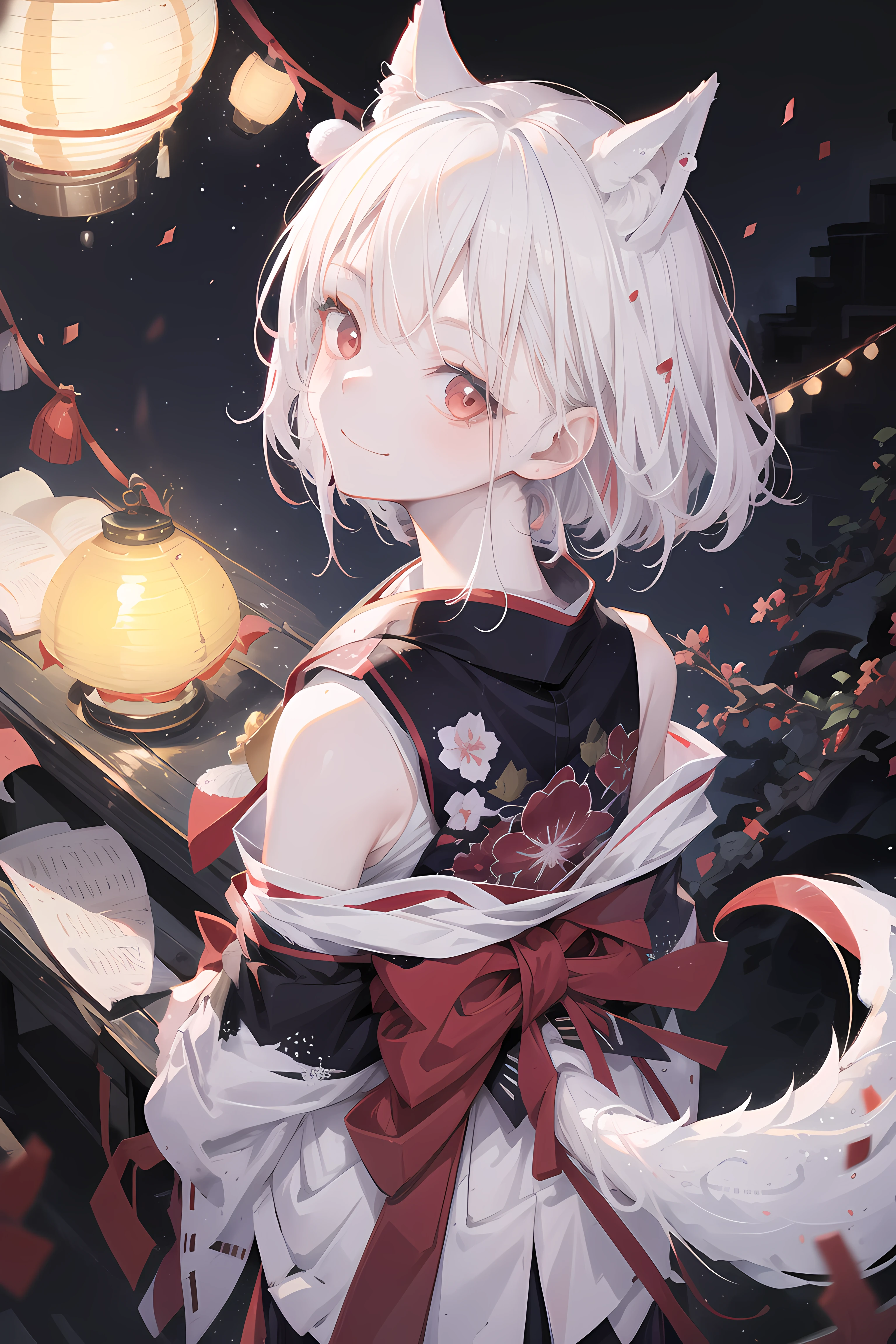 masterpiece, best quality, detailed, 1girl, fox girl, white hair, red eyes, short hair, fluffy fox tail, fox ears, white kimono, festival, night, lamps, air paper lantern, solo, looking at viewer, from behind, light smile, 