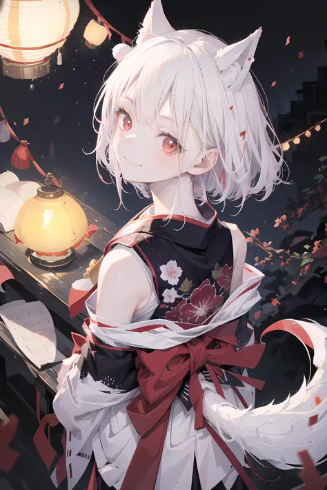 masterpiece, best quality, detailed, 1girl, fox girl, white hair, red eyes, short hair, fluffy fox tail, fox ears, white kimono, festival, night, lamps, air paper lantern, solo, looking at viewer, from behind, light smile, <lora:hitokomoru_locon-000019:0.5...