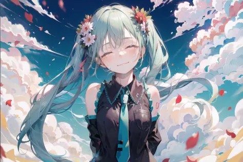 masterpiece, best quality, detailed, 1girl, hatsune miku, red flower, hair flower, petals, closed eyes, crying, smile, closed mo...