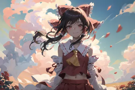 masterpiece, best quality, detailed, 1girl, hakurei reimu, red flower, hair flower, petals, medium breasts, smile, closed mouth, long hair, solo, clouds, closed mouth, ((arms behind back)), upper body, <lora:pastelmix-lora:1>,