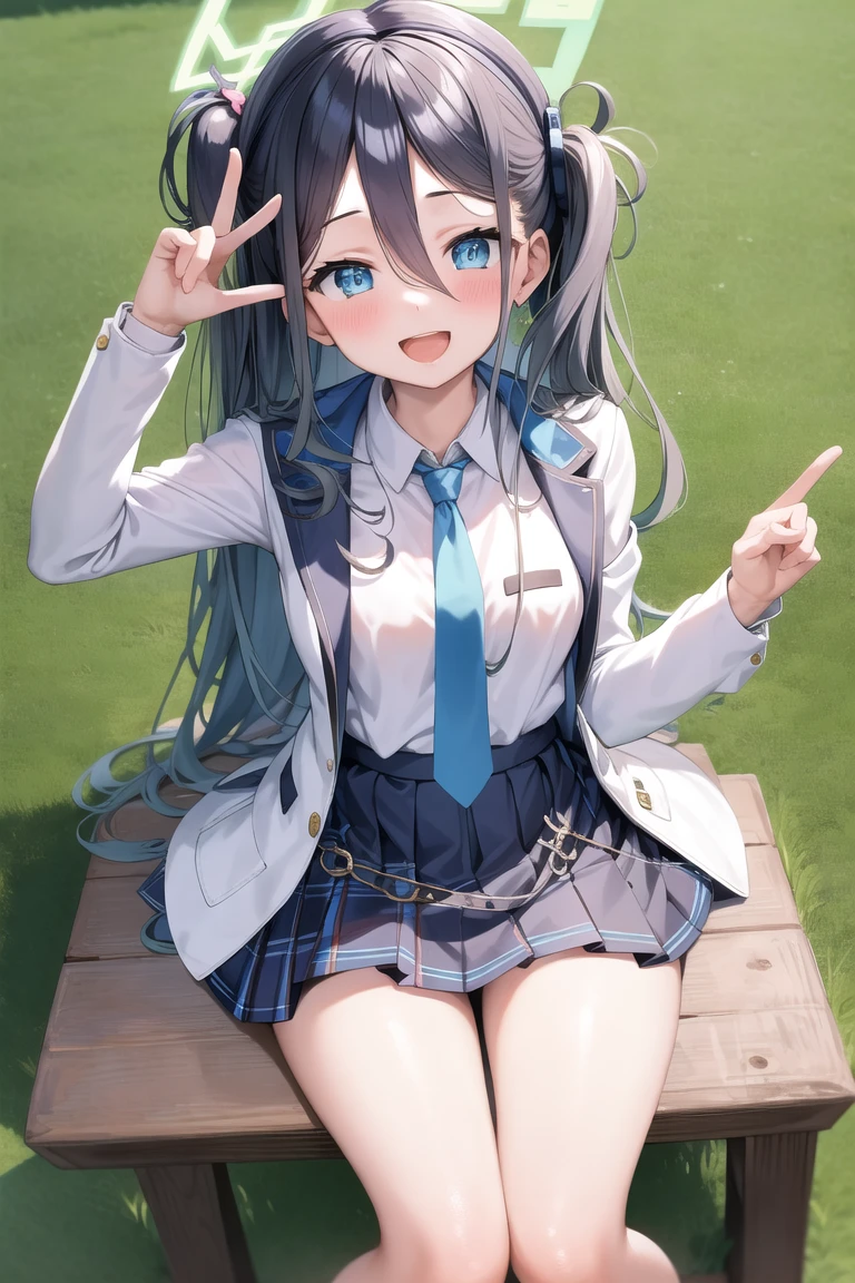 masterpiece, best quality, detailed, 1girl, hand on hair, peace sign hand, sitting,
white jacket, white shirt, blue necktie, pleated skirt,
:d, bangs, blush, hair ornament, halo, long hair, looking at viewer, aris, open mouth, side ponytail, smile, solo, 