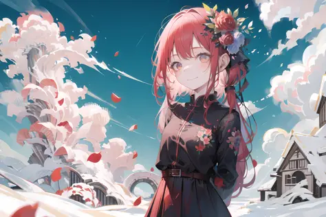 masterpiece, best quality, detailed, 1girl, red flower, hair flower, petals, smile, closed mouth, long hair, solo, clouds, ((arms behind back)), upper body, <lora:hitokomoru_locon-000019:0.5>, <lora:pastelmix-lora:1>,