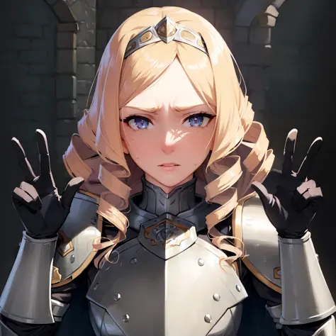 (masterpiece, best quality:1.4), realistic, photorealistic, 1girl, solo, female paladin, young woman, [cute], stunningly beautiful, medium breast, slender, vambraces, (intricate full plate armor, no helmet:1.2), medium blonde hair, highly detailed eyes, so...
