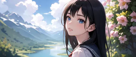 (masterpiece, best quality),1girl, solo, flower, long hair, outdoors, letterboxed, school uniform, day, sky, looking up, short sleeves, parted lips, shirt, cloud, black hair, sunlight, white shirt, serafuku, upper body, from side, pink flower, blurry, brow...