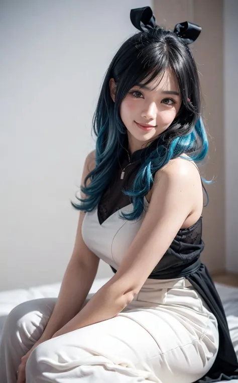 araffe with blue hair and black top sitting on a bed