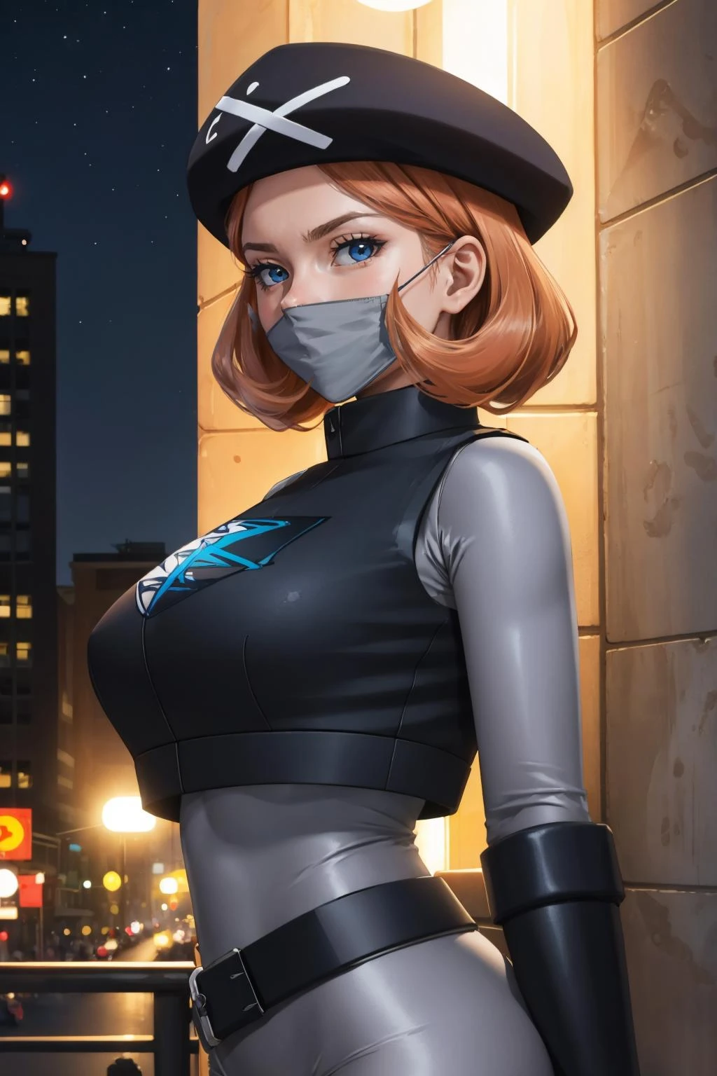 masterpiece, best quality,  pkmntpg, beret, grey bodysuit, vest, belt, mouth mask, cowboy shot, looking at viewer, huge breasts, from side, profile, cowboy shot, night, city