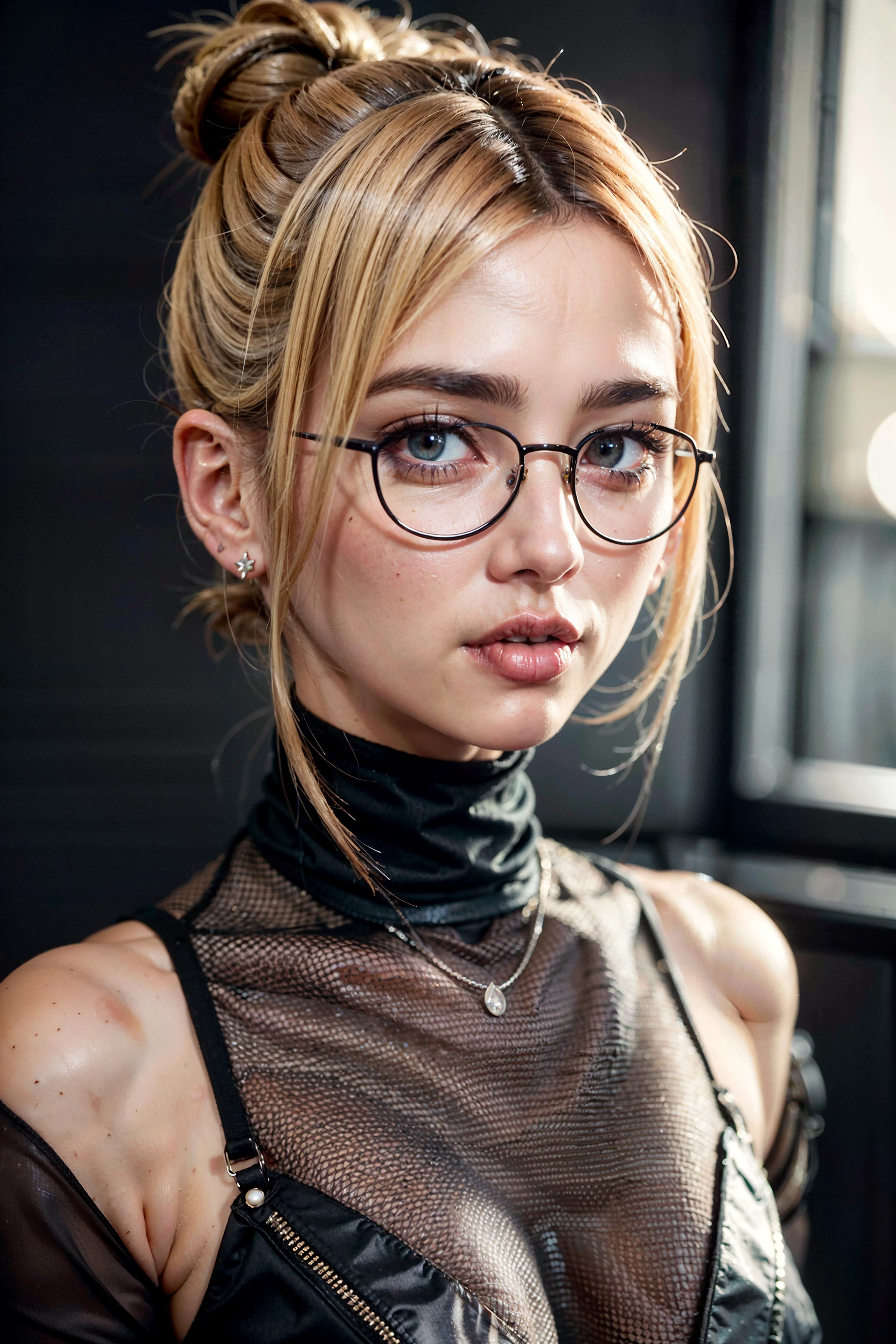 1girl, glasses, anime, absurdres illustration,, stunning intricate full color portrait, wearing a black turtleneck, epic character composition, by ilya kuvshinov, alessio albi, nina masic, sharp focus, natural lighting, subsurface scattering, f2, 35mm, film grain,
 with a edgLevitating_hairstyle,top knot,