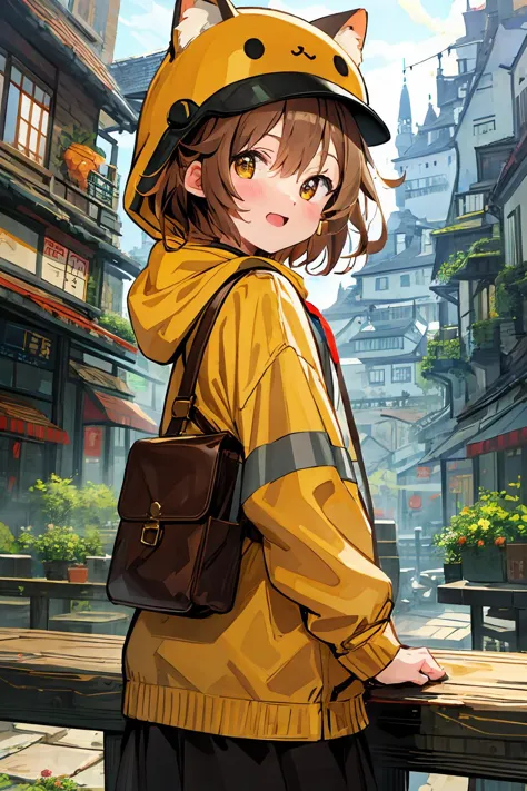 anime girl in yellow jacket and hat standing on a bridge