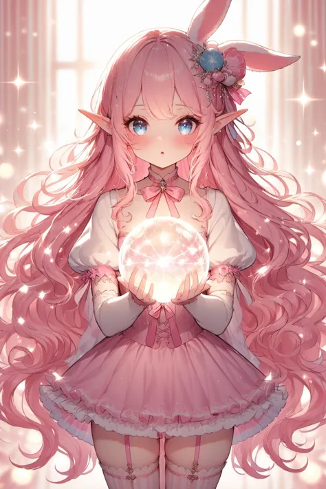 a girl with long pink hair holding a crystal ball