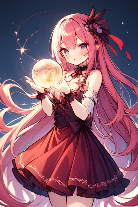 a girl with long pink hair holding a crystal ball