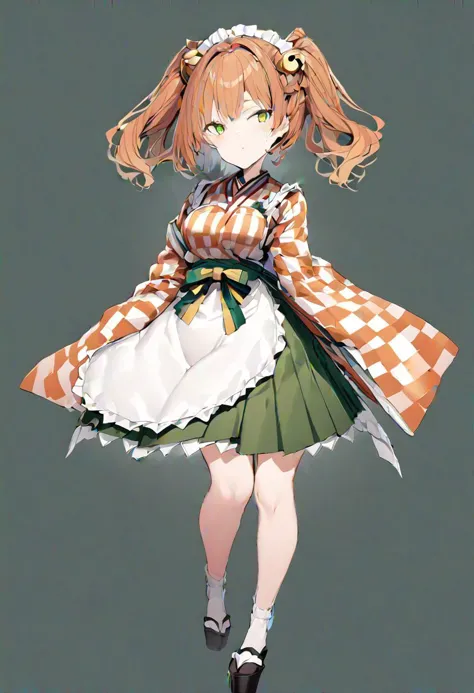 masterpiece, best quality, ultra-detailed, beautiful, nai3, 1girl, solo, full_body, tachi-e, 
motoori_kosuzu, lace, twintails, green_skirt, orange_hair, bell, 1girl, solo, hair_bell, two_side_up, apron, japanese_clothes, checkered_shirt,