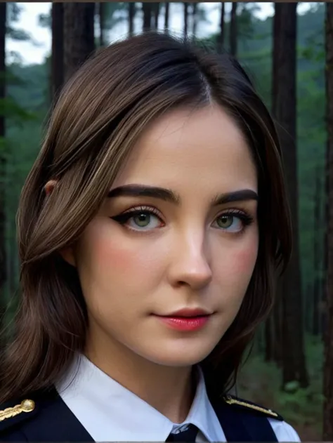 there is a woman in uniform posing for a picture in the woods